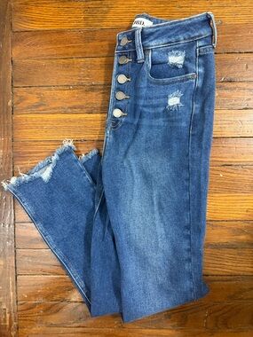 Distressed High-Rise Button-Fly Women’s Jeans - Dark Blue